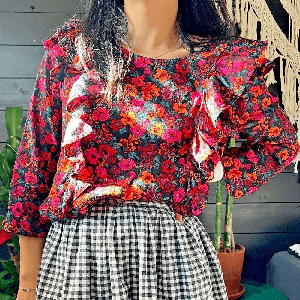 Floral rayon large ruffle long sleeve crew neck blouse floral romantic small